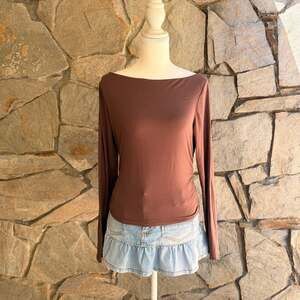 Faded Rose Essentials Brown Boat Neck Long Sleeve Ruched Side Top